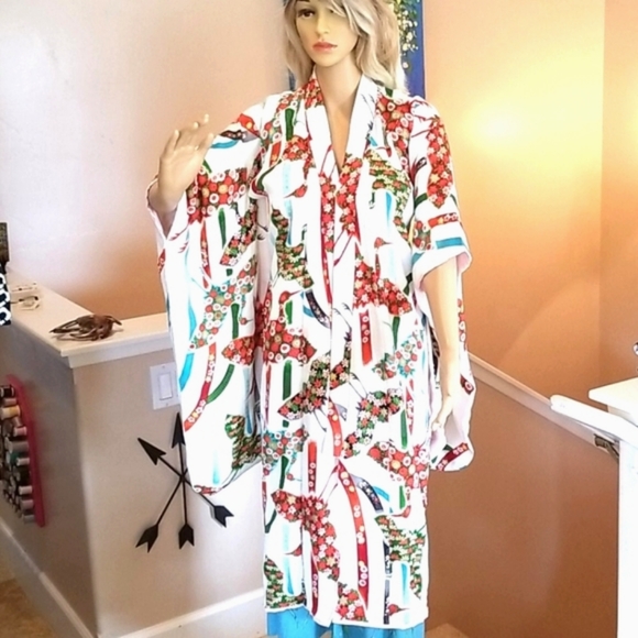 Vintage Dresses & Skirts - 70's KIMONO Festive Handmade Cranes Lined Oriental Floral Asian Birds OOAK Robe